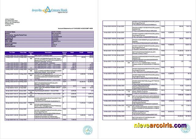 India Canara Bank account statement Word and PDF, 2 pages